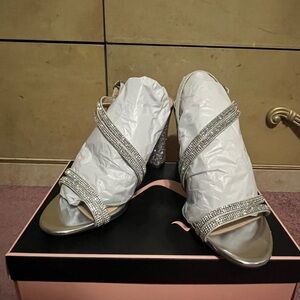 Nina Silver Strappy Heels with Rhinestones